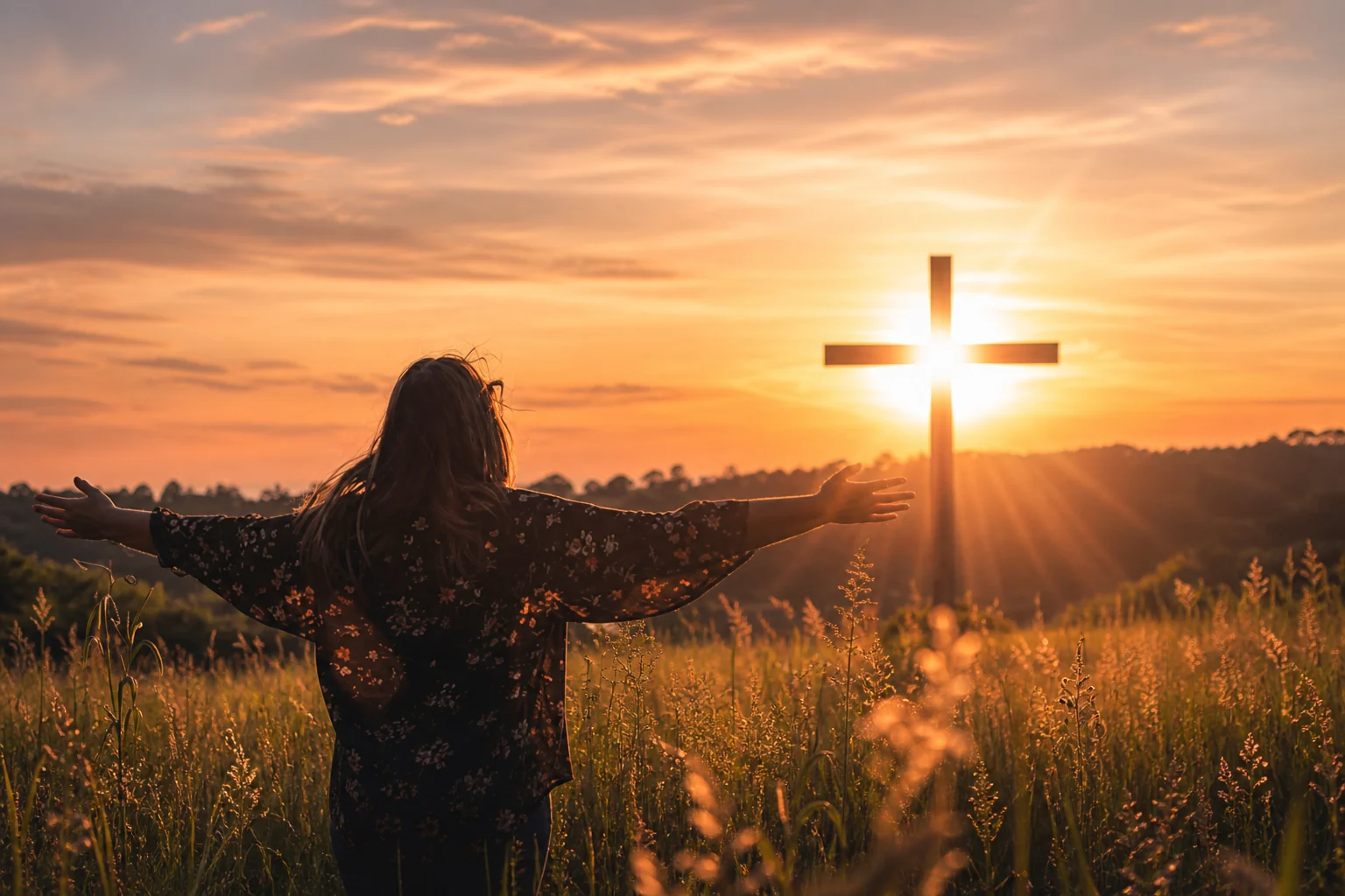 Mulher de braços abertos diante de uma cruz iluminada pelo pôr do sol