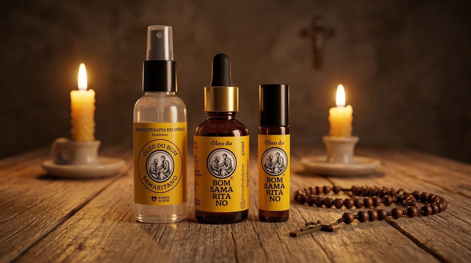 Spray, conta-gotas e roll-on do Óleo do Bom Samaritano sobre uma mesa, entre velas e um terço